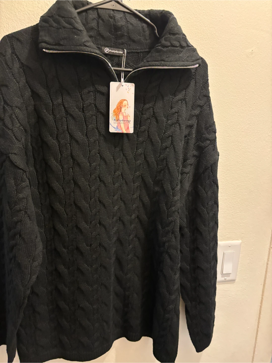 NEW-PrettyGarden Black Cable Knit Quarter-Zip Sweater