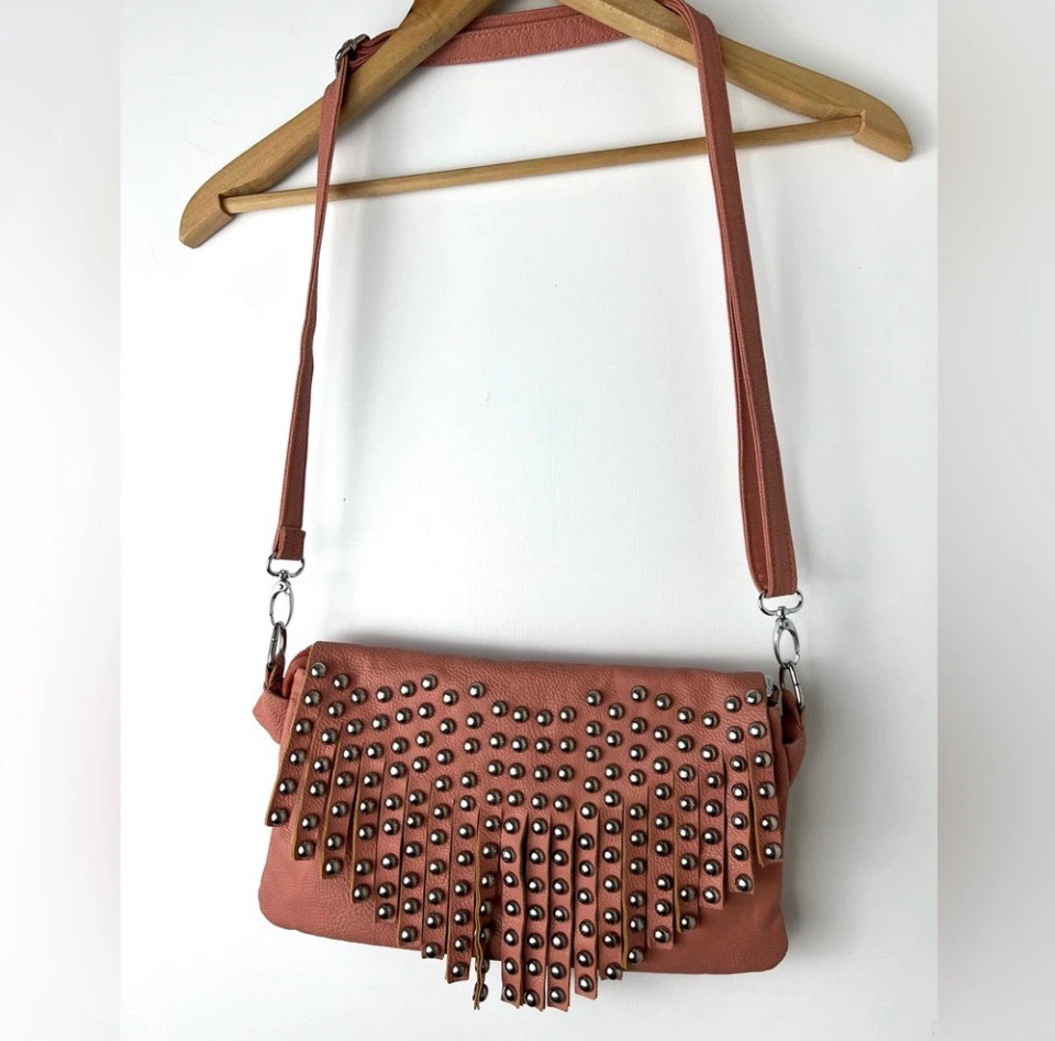 Pink leather fringe studded crossbody bag size Medium