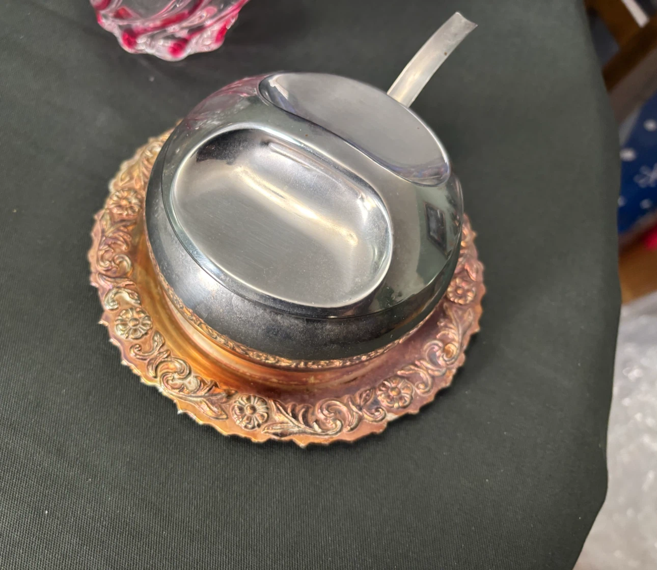 Vintage Metal Sugar Bowl with Ornate Tray