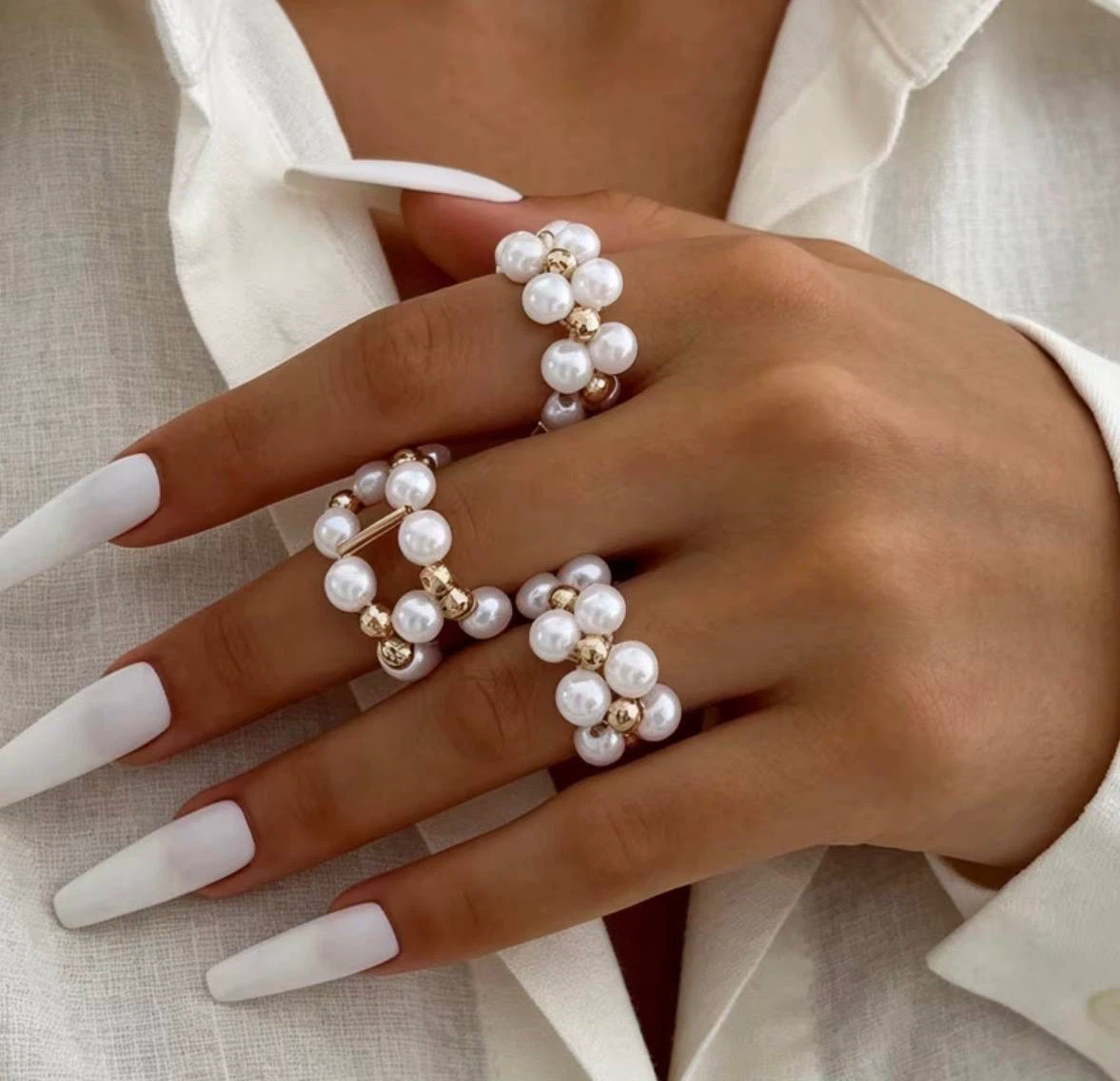 Beaded Pearl-Look Ring Set, 3 Rings with Gold-Toned Beads