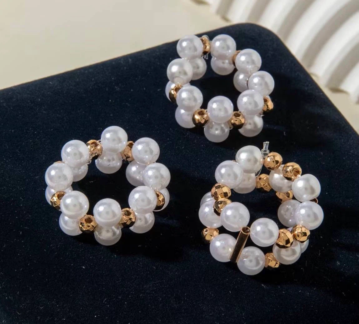 Beaded Pearl-Look Ring Set, 3 Rings with Gold-Toned Beads - photo 2
