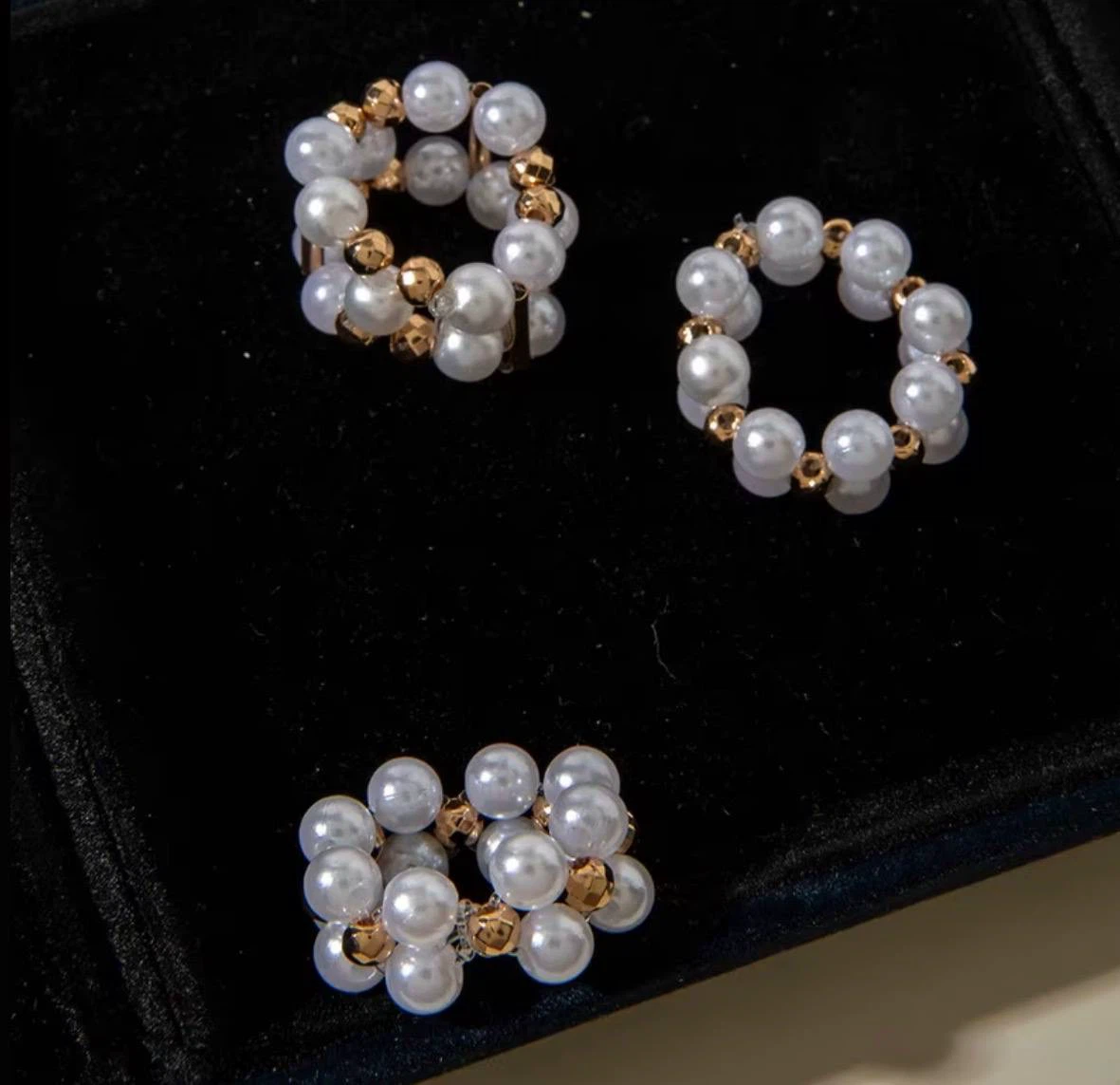 Beaded Pearl-Look Ring Set, 3 Rings with Gold-Toned Beads - photo 3