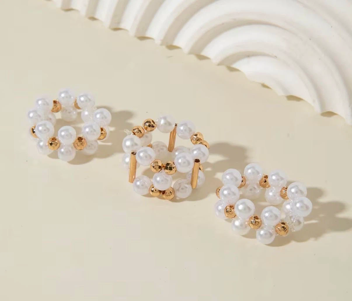 Beaded Pearl-Look Ring Set, 3 Rings with Gold-Toned Beads - photo 5