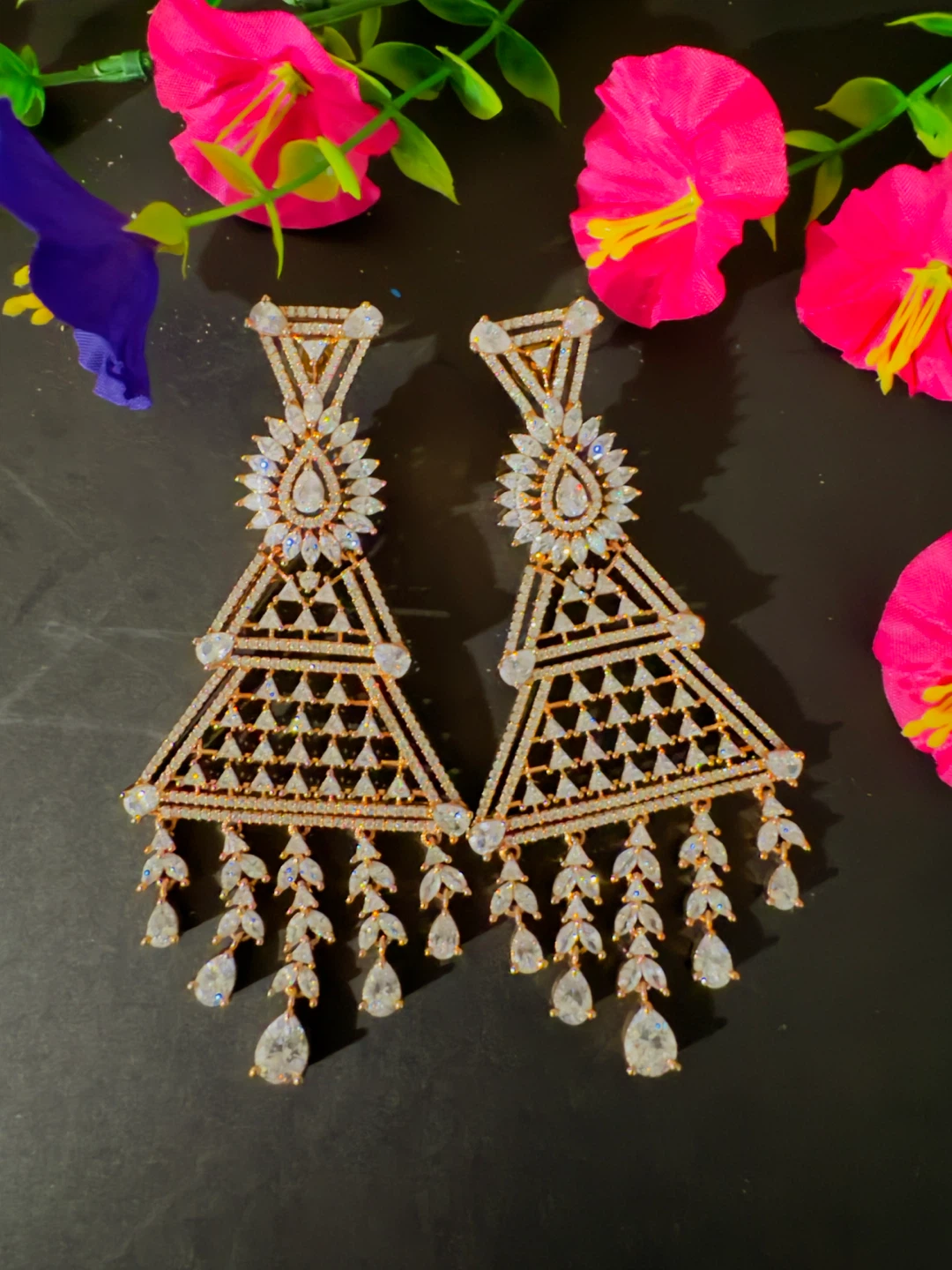 Elegant Triangle CZ Statement Earrings rose gold