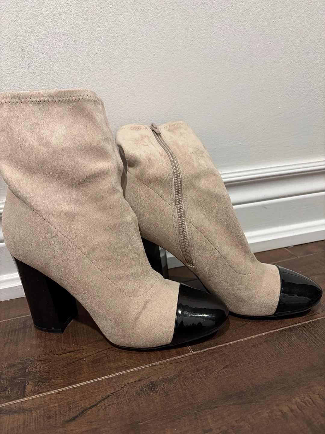 Beige Suede Ankle Boots with Black Patent Toe