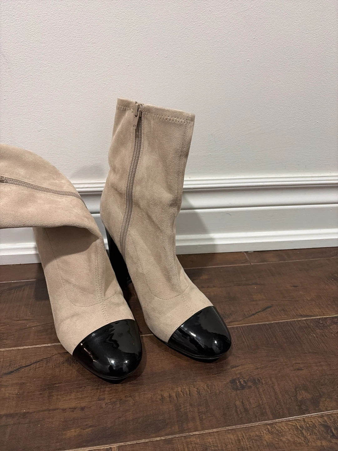 Beige Suede Ankle Boots with Black Patent Toe - photo 4