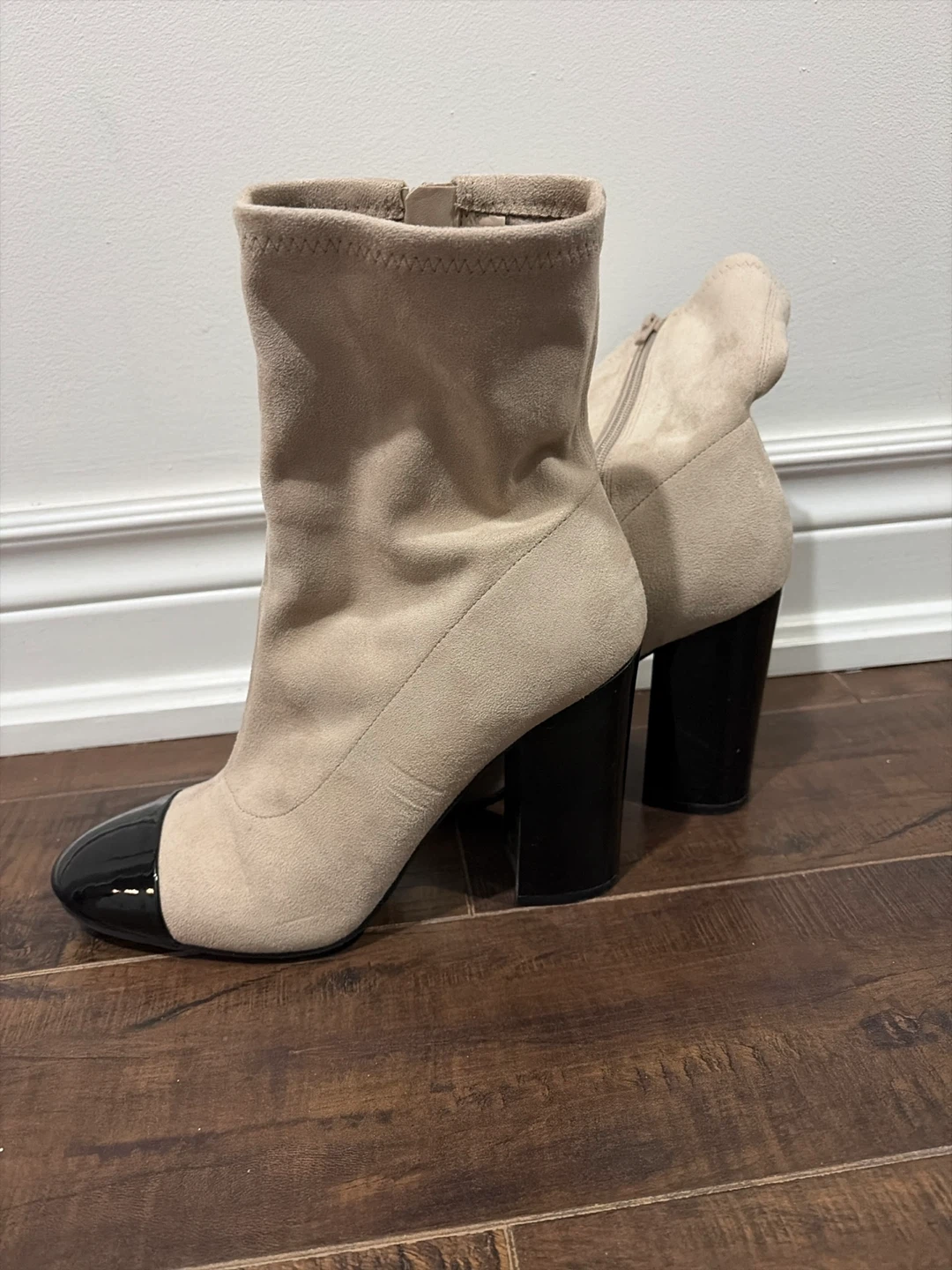Beige Suede Ankle Boots with Black Patent Toe - photo 5