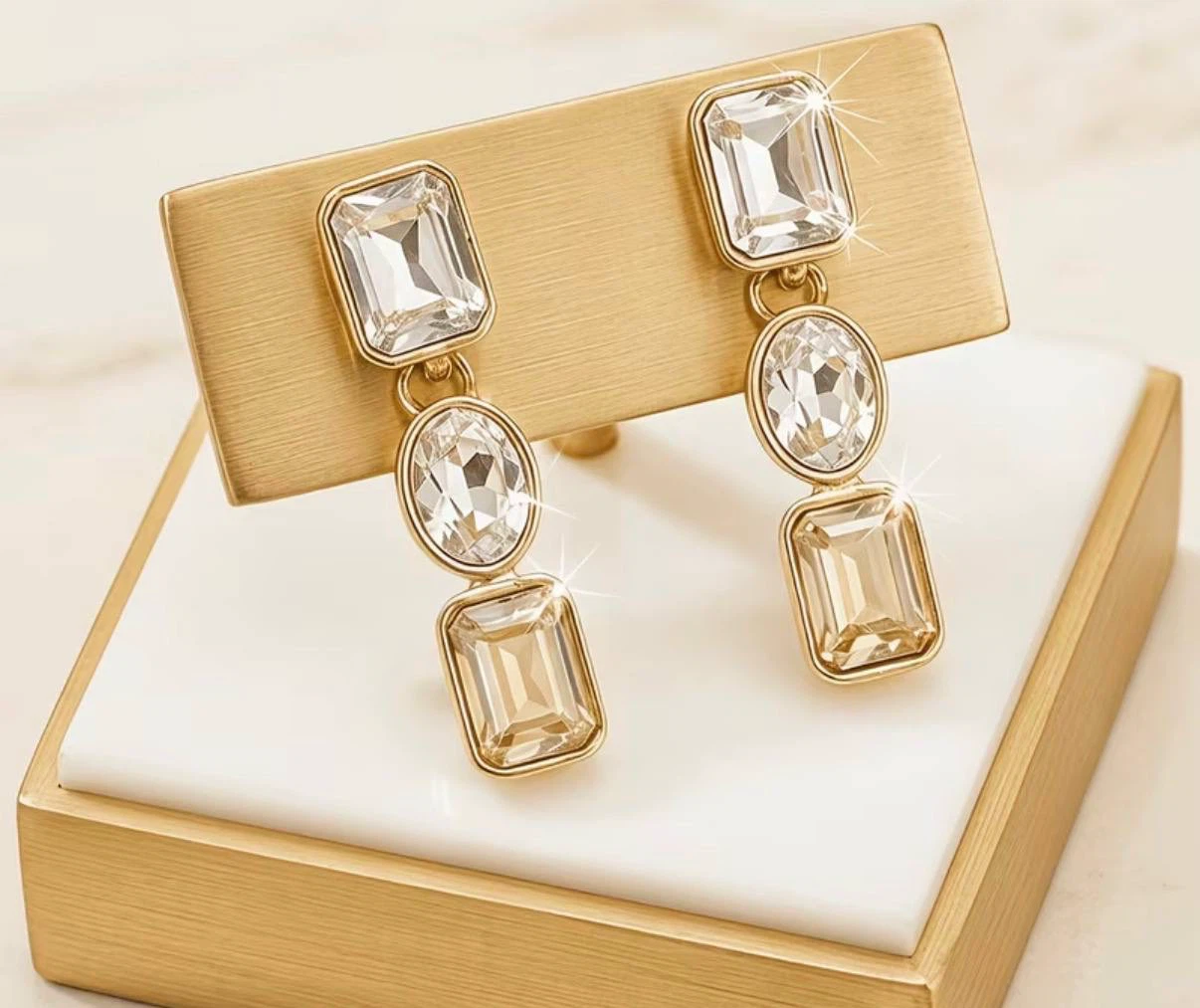Gold-Toned Crystal Drop Earrings, Emerald-Cut and Oval Stones - photo 3