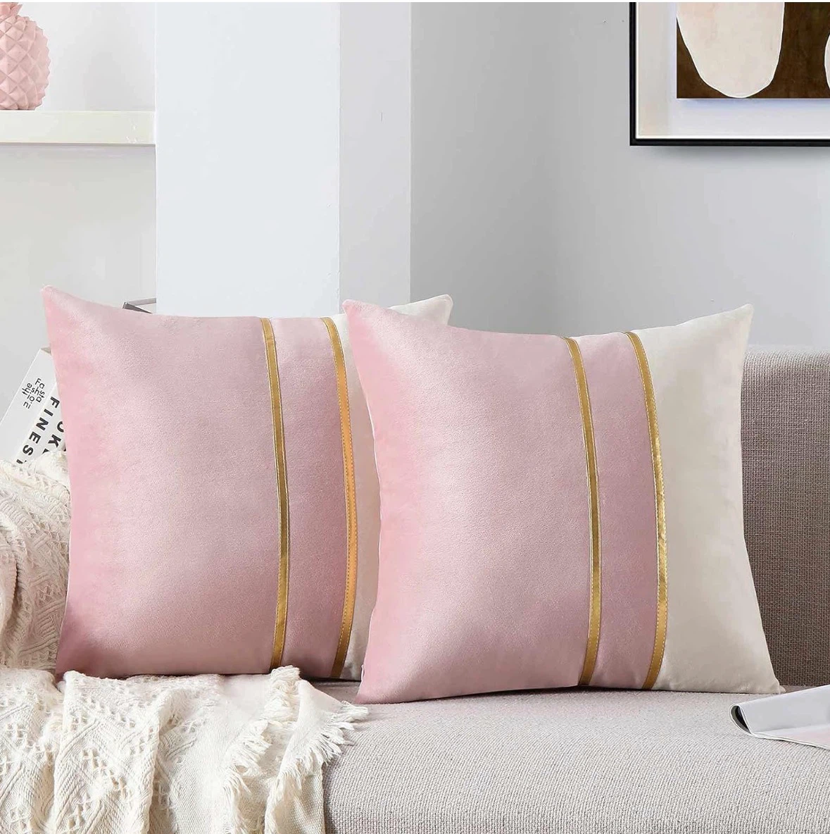 Three Pink Velvet Cushion Covers