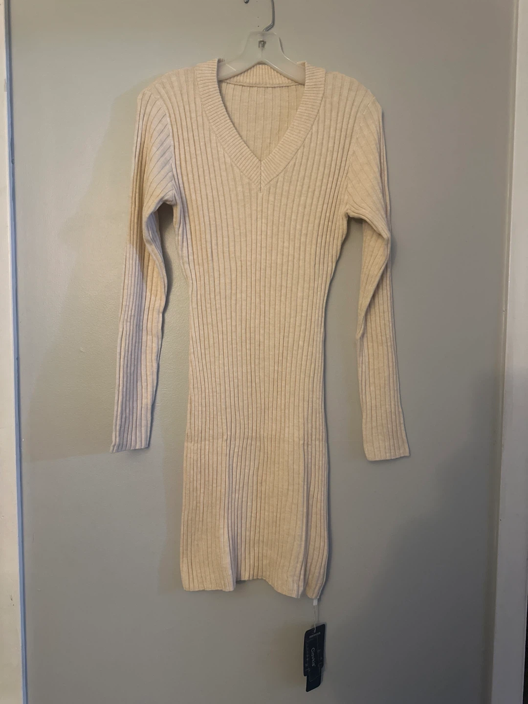 Ciovkis Beige Ribbed V-Neck Sweater Dress