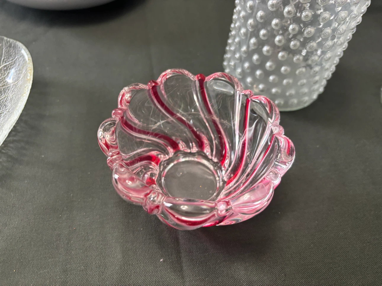Vintage Pink and Clear Swirl Glass Bowl