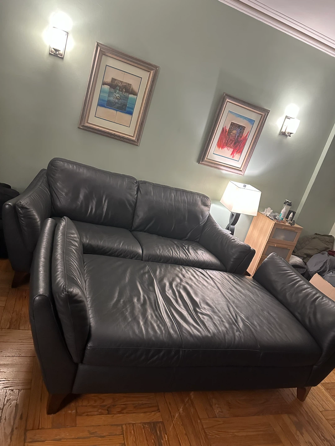 Black Leather Sofa with Pull-Out Bed