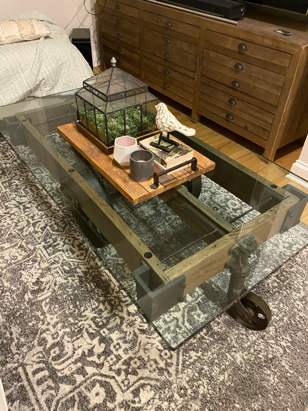 Restoration Hardware Glass Top Cart Coffee Table