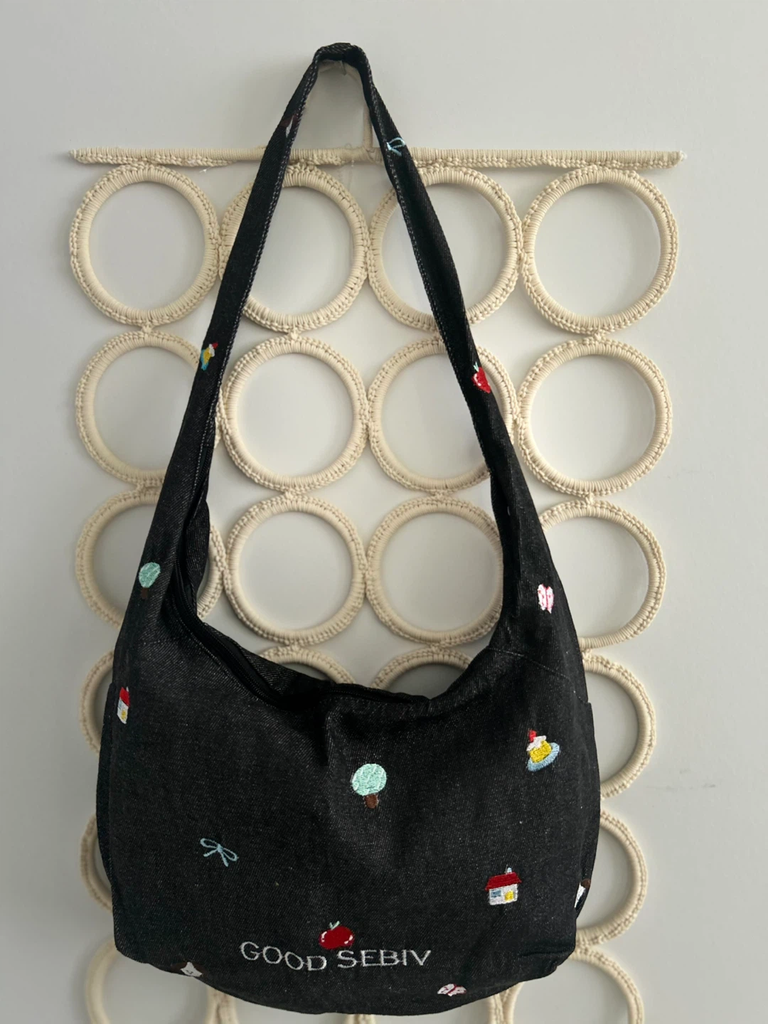 Good Seviv Embroidered Black Denim Shoulder Bag