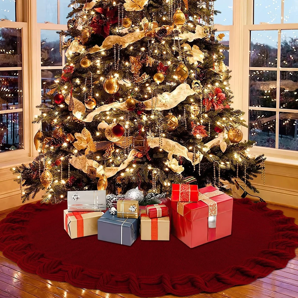 Red Knitted Christmas Tree Skirt