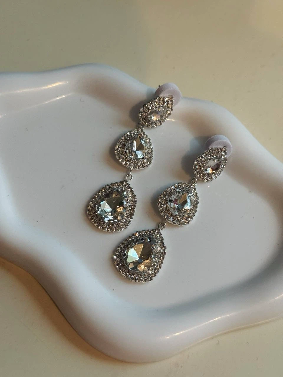 Silver-Tone Crystal Triple Teardrop Drop Earrings