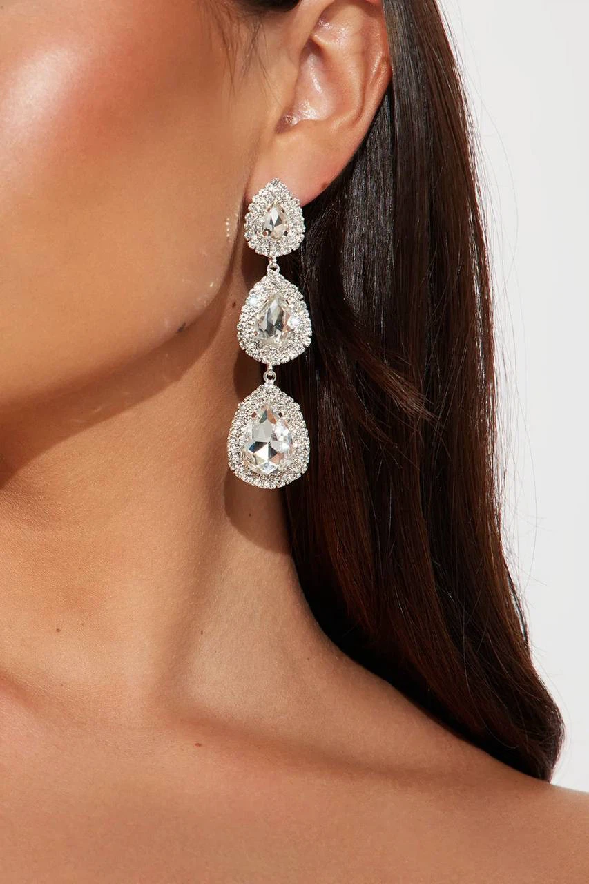 Silver-Tone Crystal Triple Teardrop Drop Earrings - photo 2
