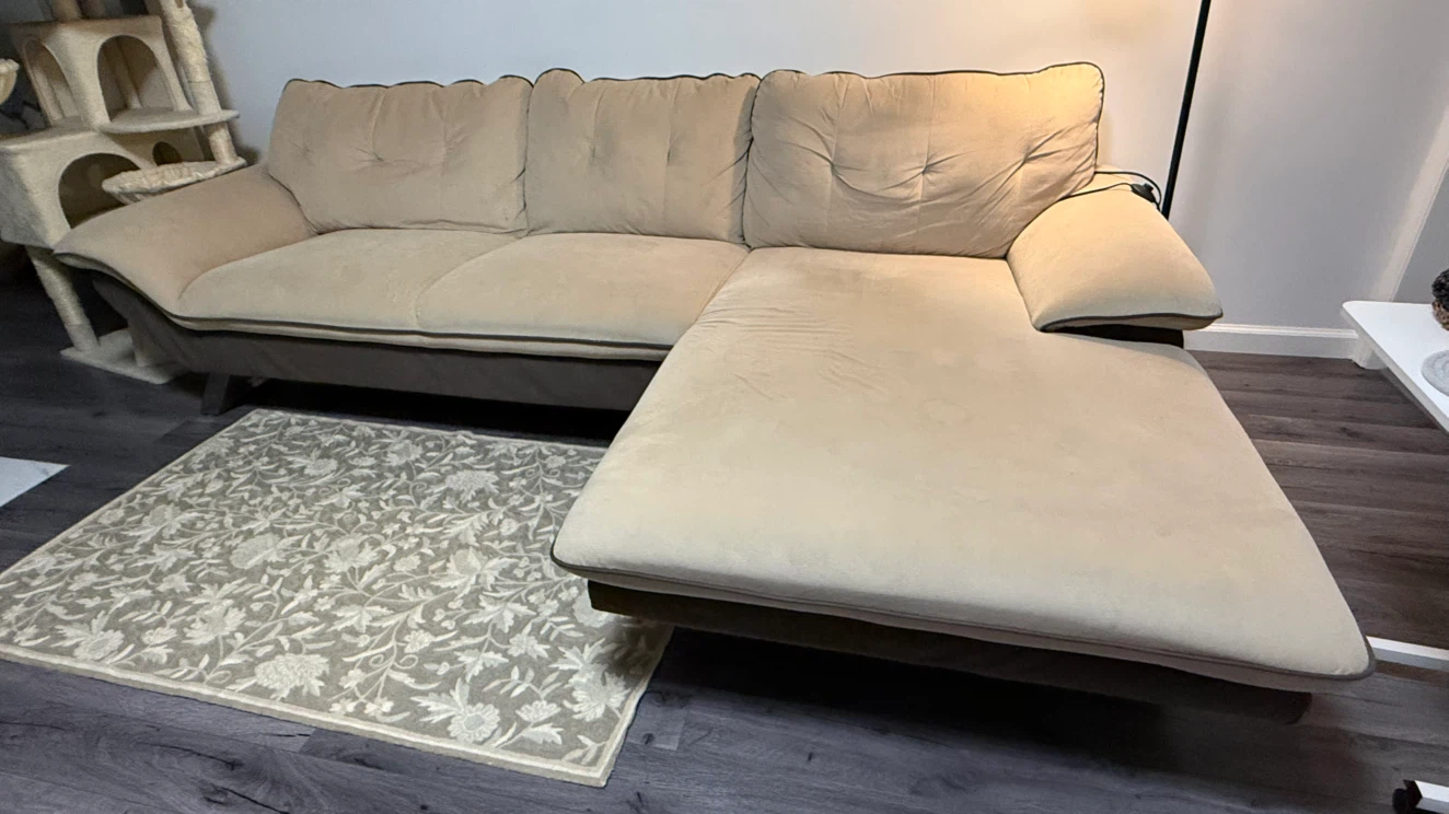 Beige and Brown Sectional Sofa with Chaise
