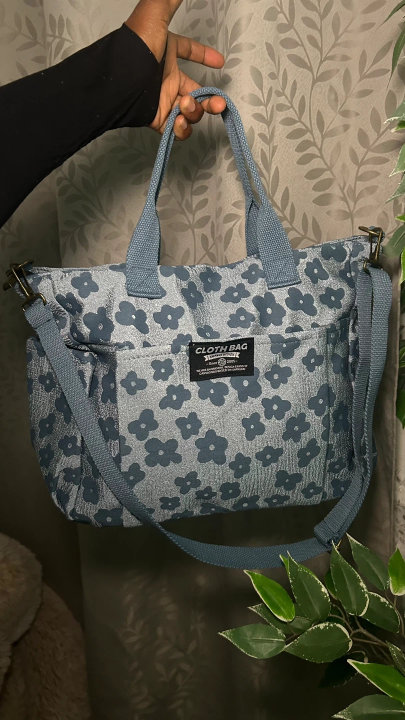 Blue Floral Canvas Tote Bag