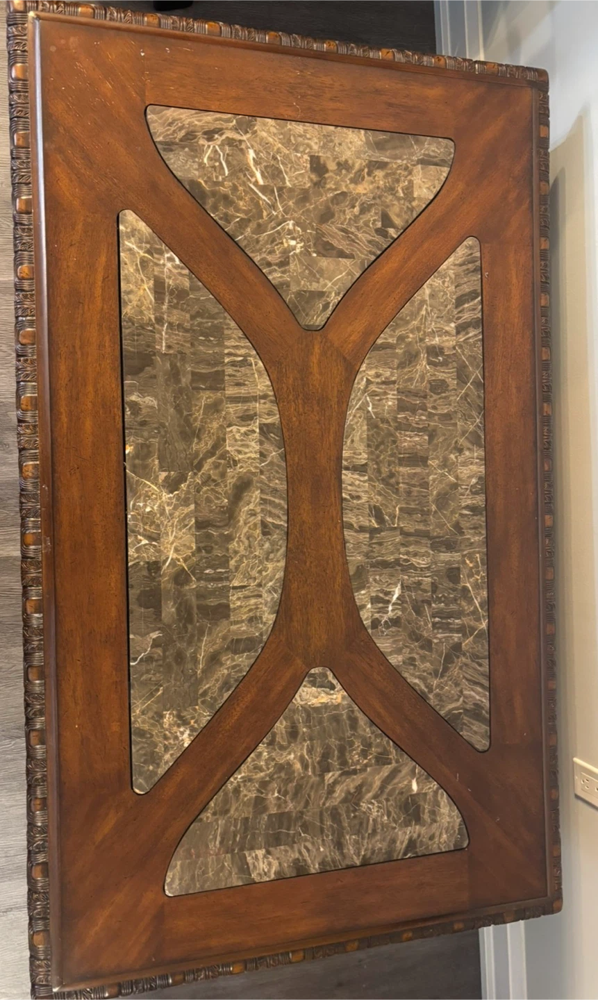 Ornate Wooden Coffee Table with Marble Inlay