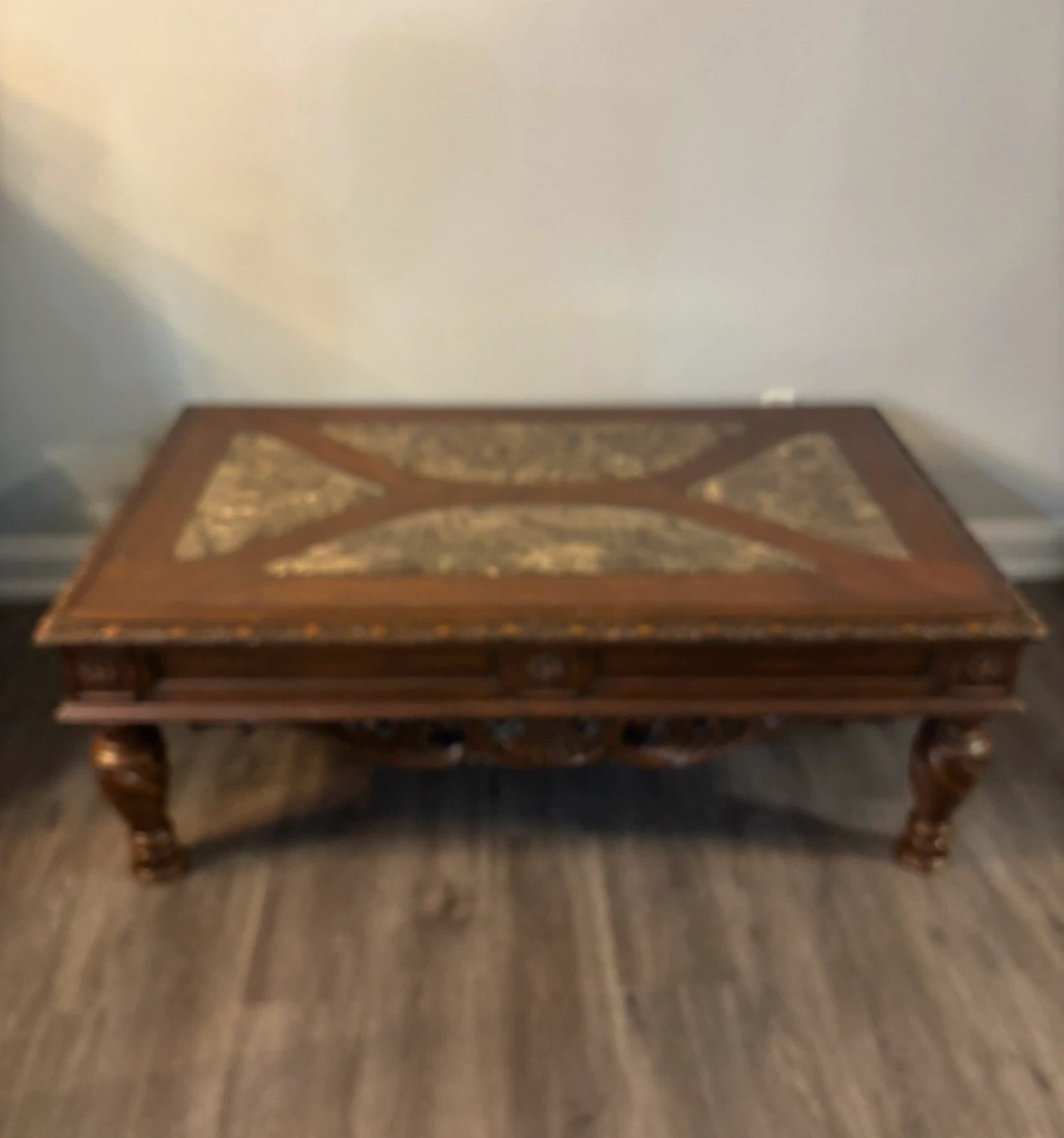 Ornate Wooden Coffee Table with Marble Inlay - photo 2