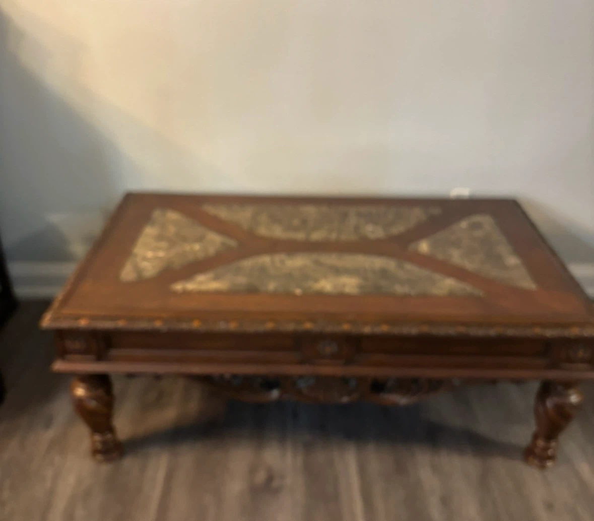 Ornate Wooden Coffee Table with Marble Inlay - photo 3