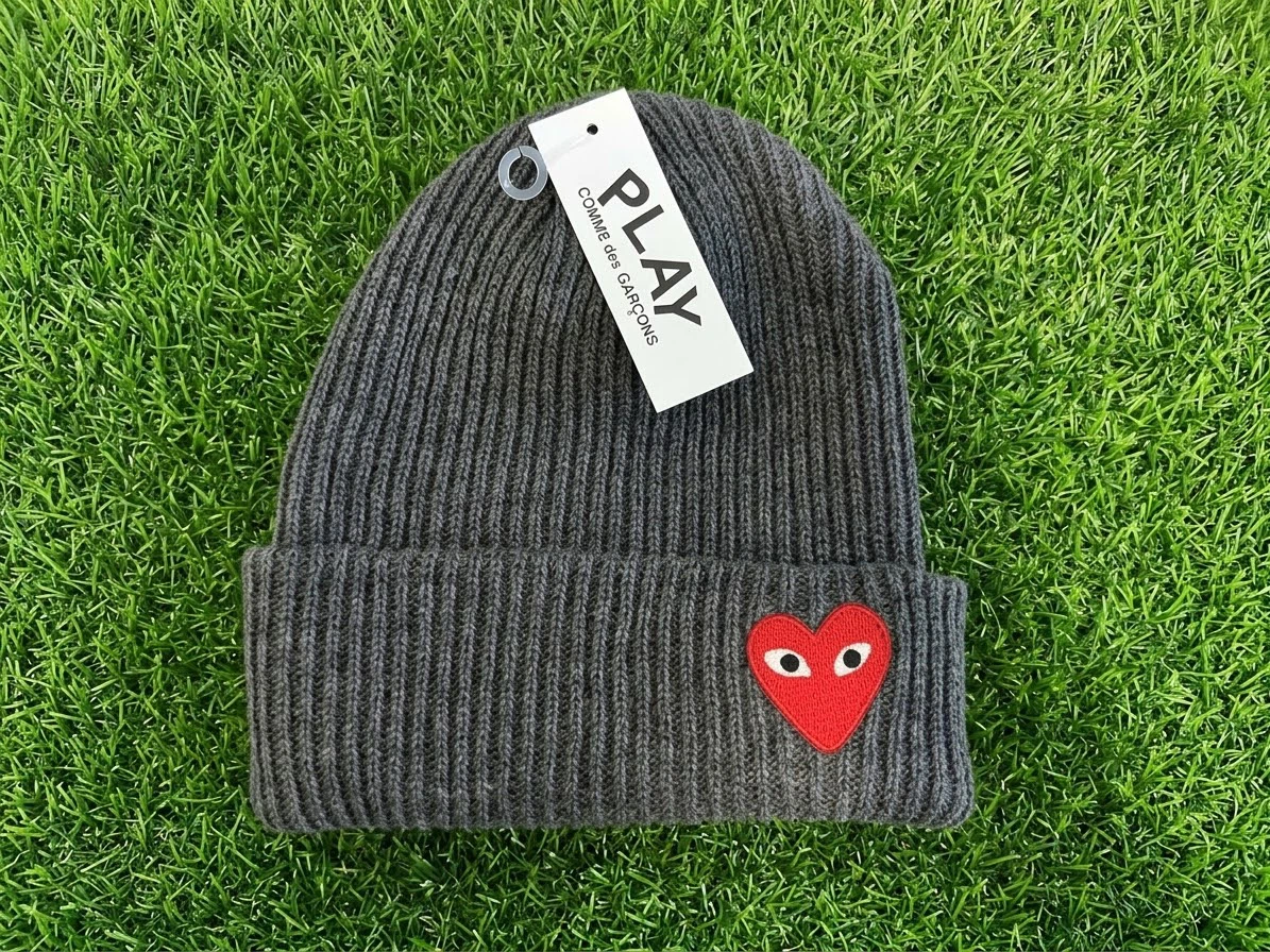 CDG Play Heart Logo Knit Beanie Grey