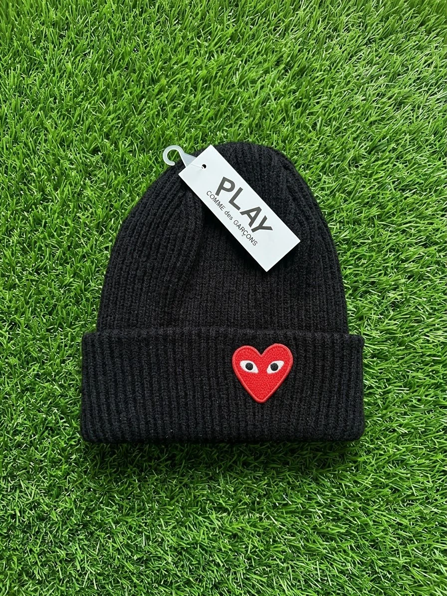 CDG Play Heart Logo Knit Beanie Black