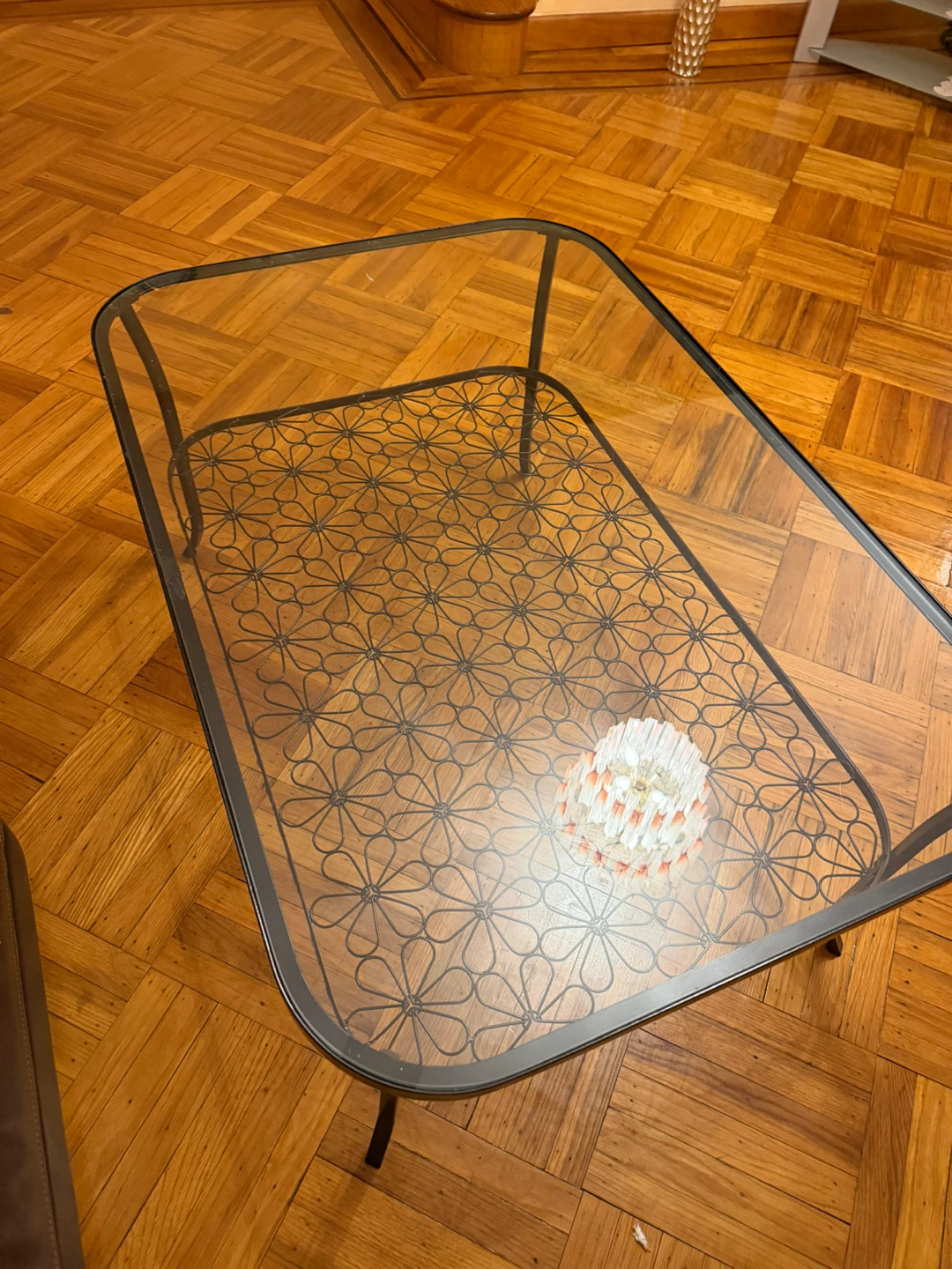Metal and Glass Coffee Table with Floral Shelf