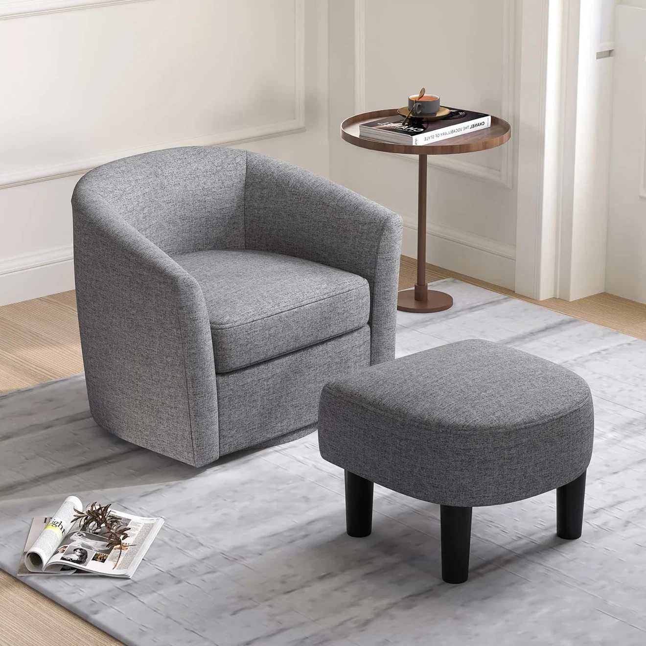 Grey Swivel Barrel Chair and Ottoman Set