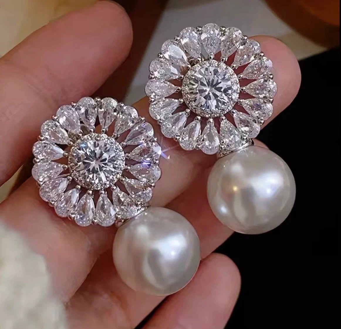 Crystal Flower & Pearl Drop Earrings - photo 2