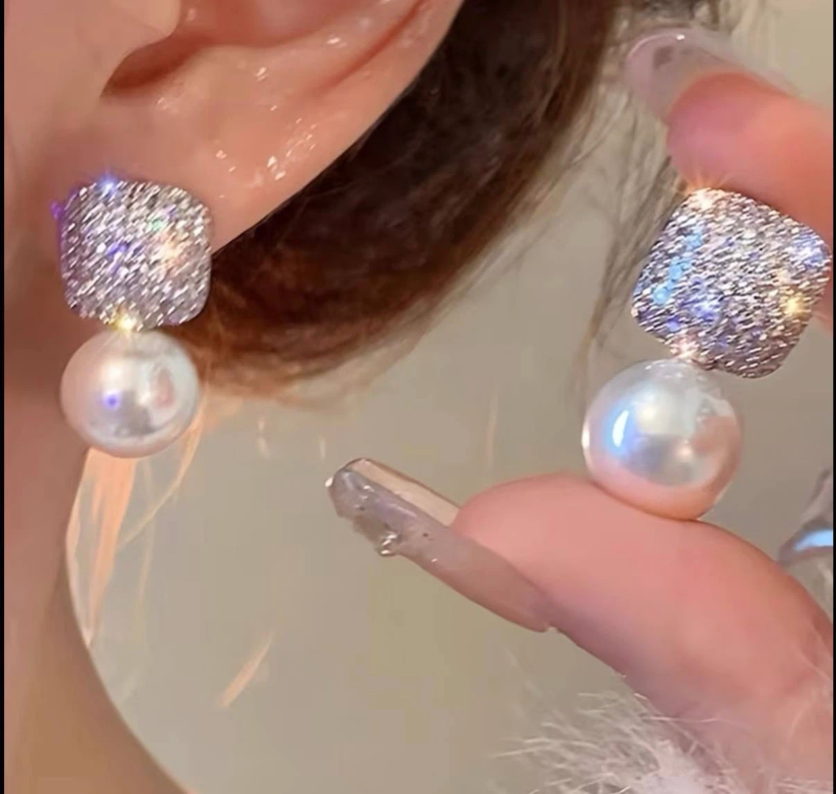 Crystal Square & Pearl Drop Earrings