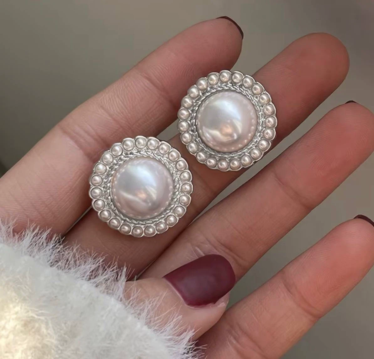 Round Pearl Halo Stud Earrings - photo 2