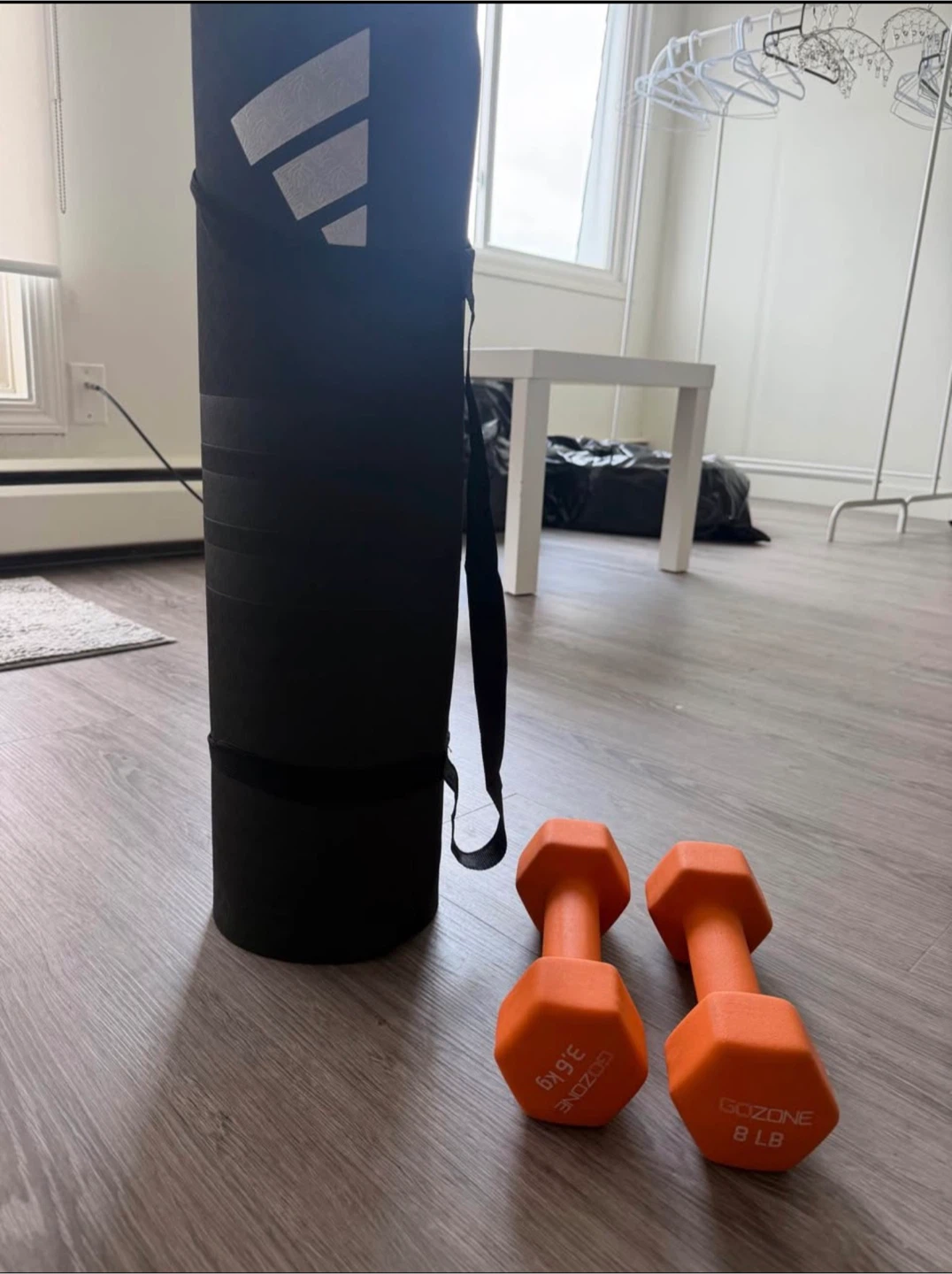 Yoga mat and dumbbell