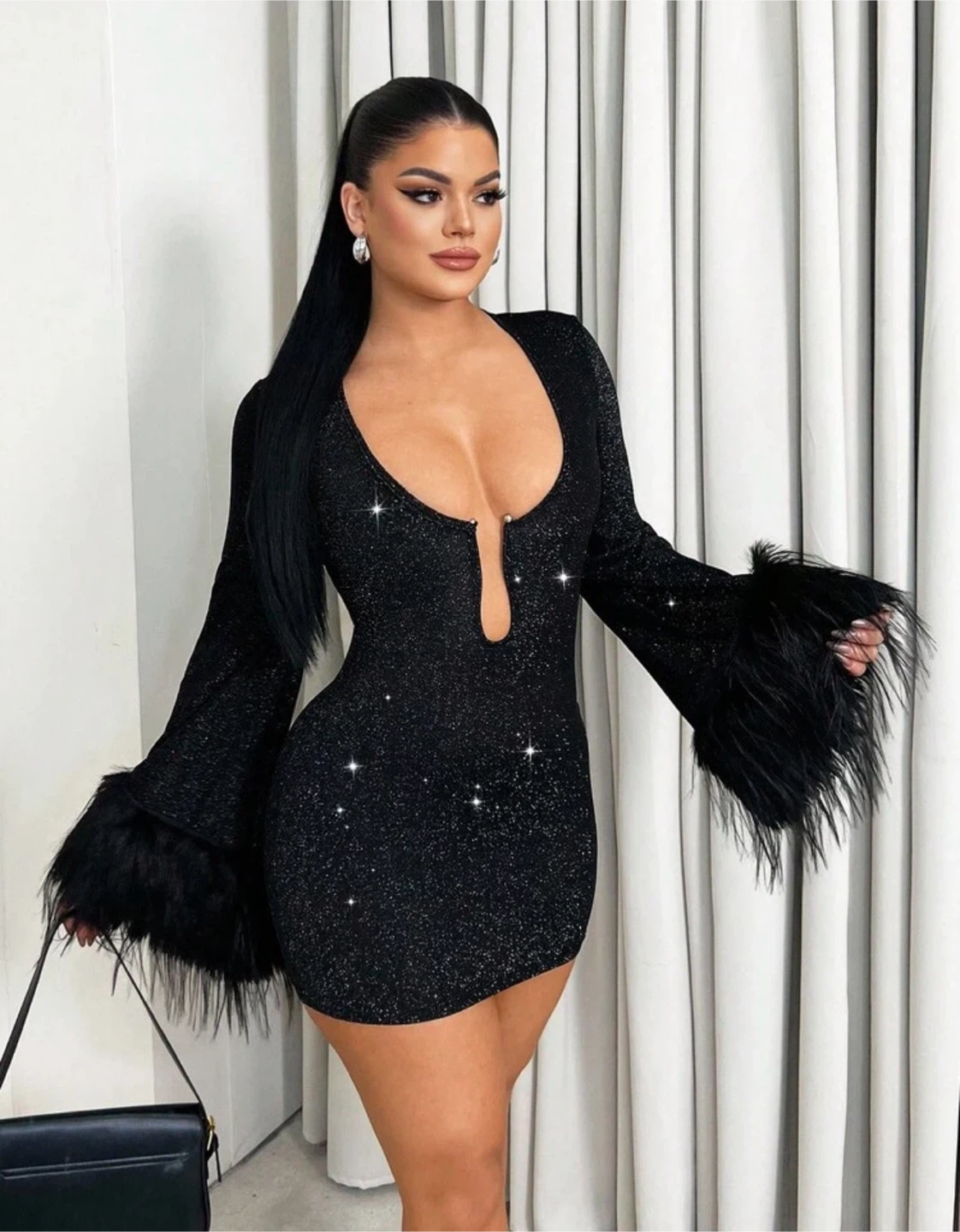 Black Shimmer Feather Cuff Mini Dress