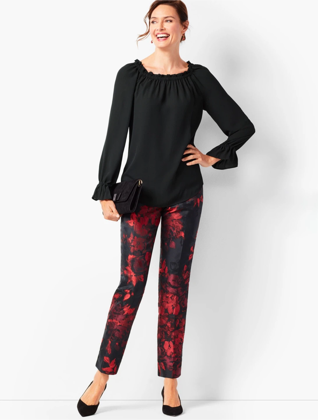 Size 4P rsvp by TALBOTS black and red painted floral ankle pants - photo 4