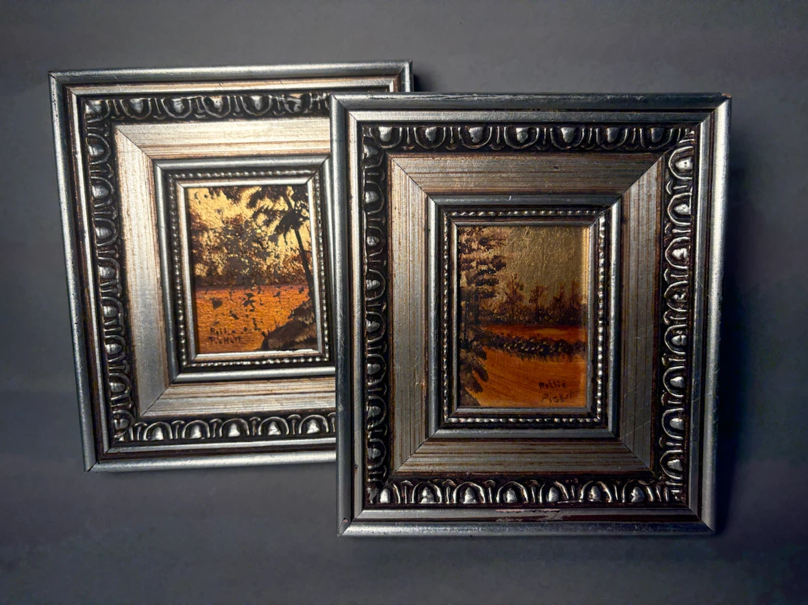 Set of Two Robbie Pickett Framed Oil on Gold Leaf  Art Pieces