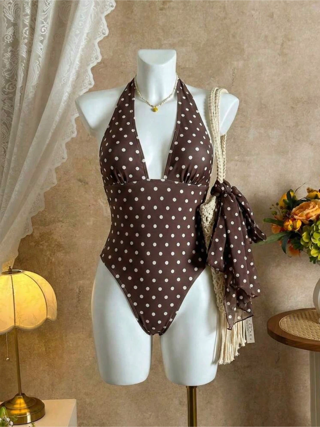 Brown Polka Dot Halter Swimsuit with Matching Headscarf