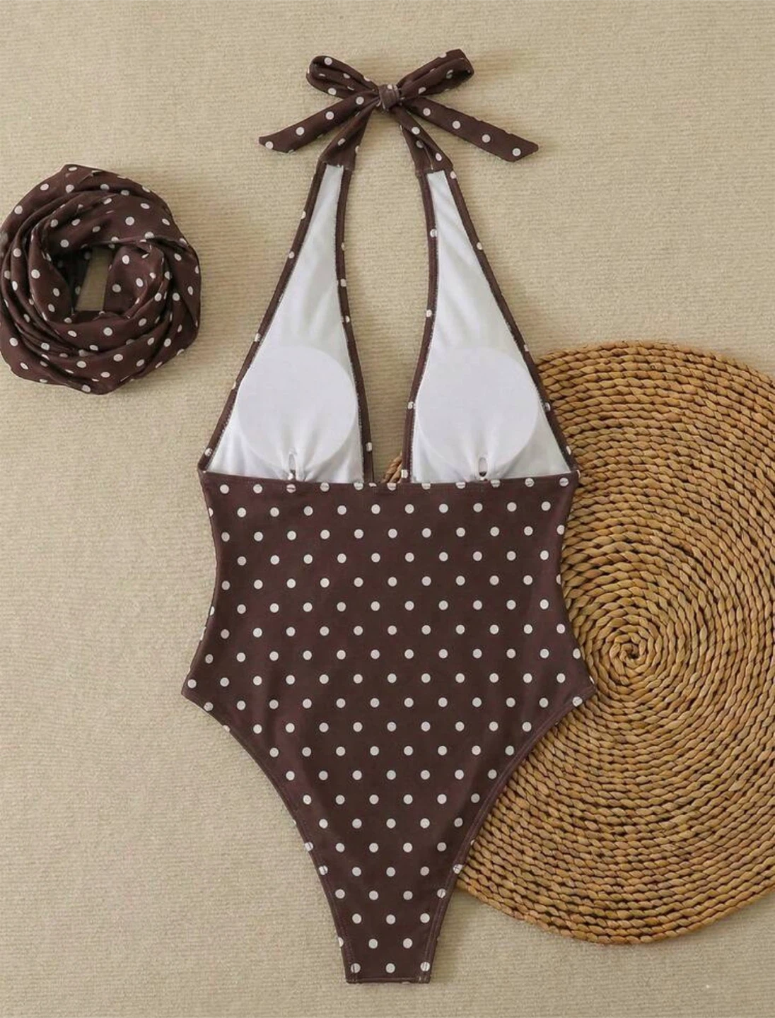 Brown Polka Dot Halter Swimsuit with Matching Headscarf - photo 2