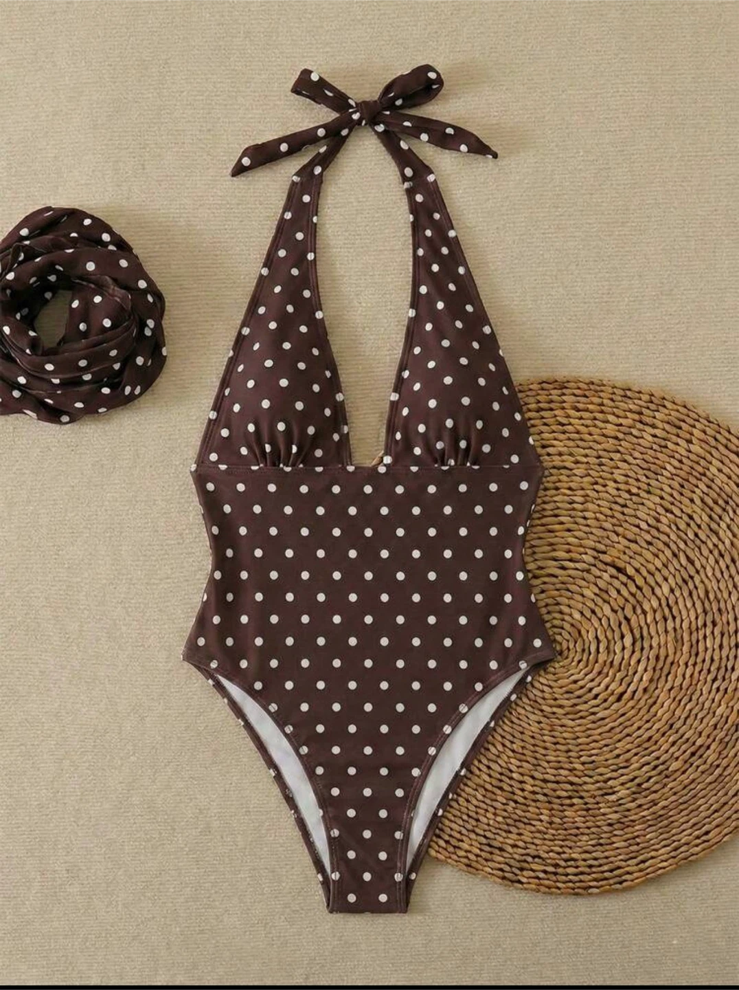 Brown Polka Dot Halter Swimsuit with Matching Headscarf - photo 4