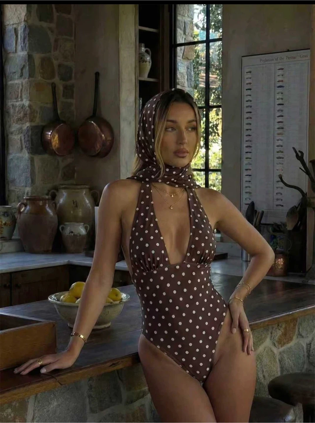 Brown Polka Dot Halter Swimsuit with Matching Headscarf - photo 5