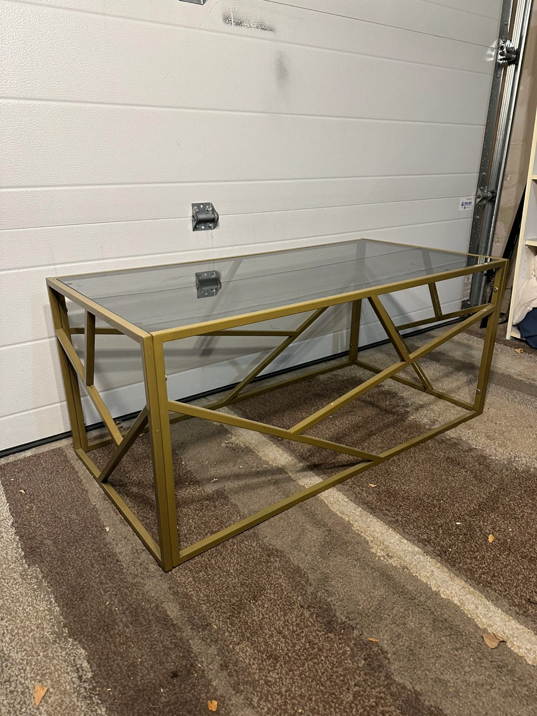 Geometric Gold Metal Coffee Table with Smoked Glass Top