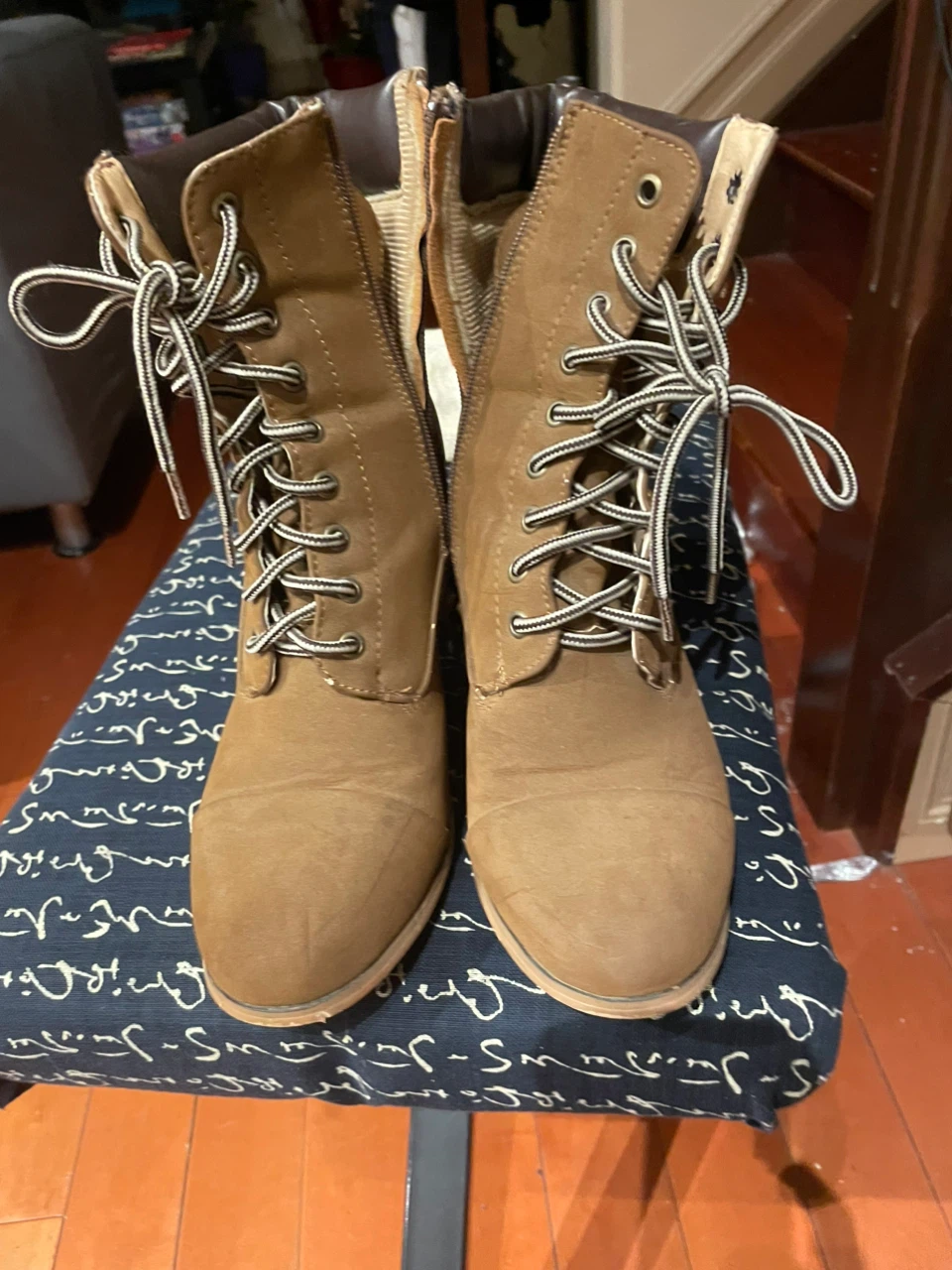 Reneeze Tan Lace-Up Block Heel Boots