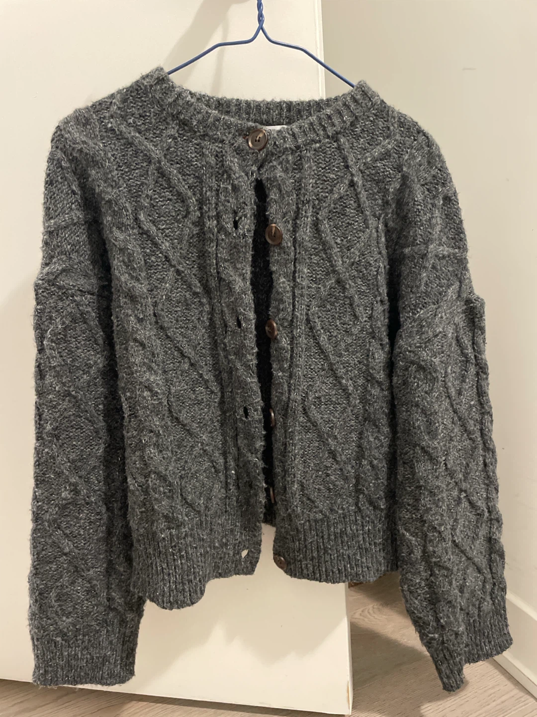 Charcole grey cable knit button-up cardigan - photo 2