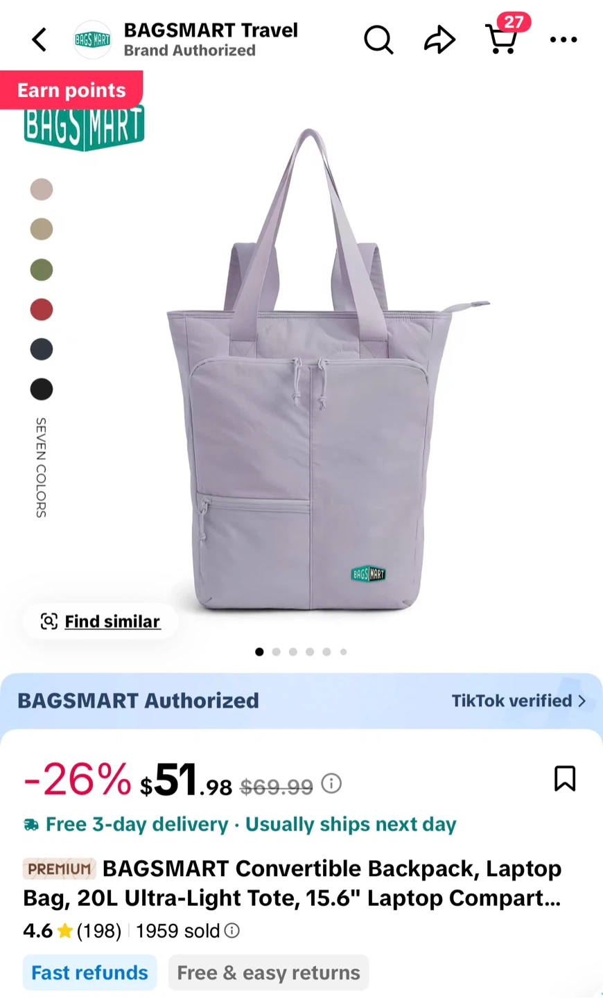 BAGSMART Convertible Laptop Tote and Backpack
