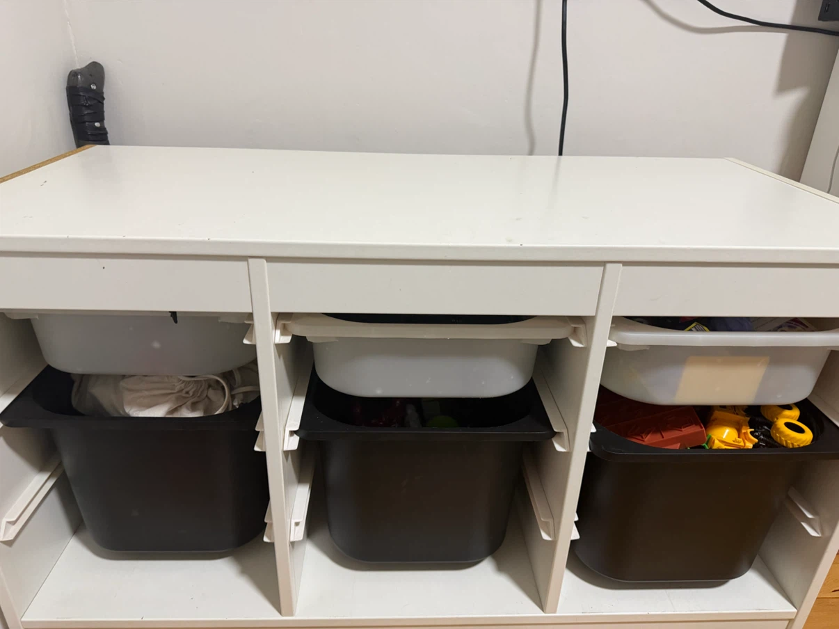 White Toy Storage Unit with 6 Bins – $50