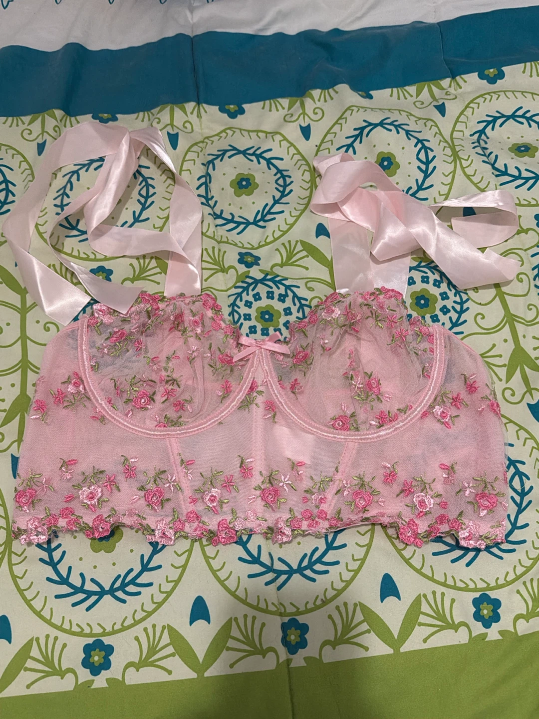 Pink Floral Embroidered Mesh Corset Top