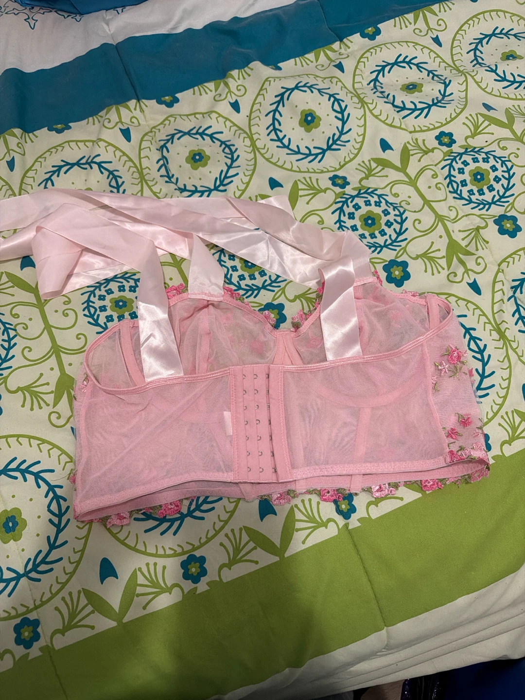 Pink Floral Embroidered Mesh Corset Top - photo 2
