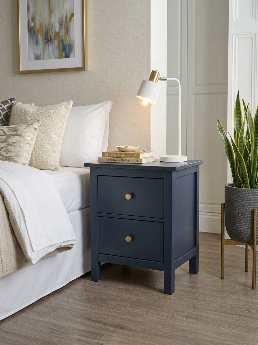 Single Navy Blue Two-Drawer Nightstand - photo 2