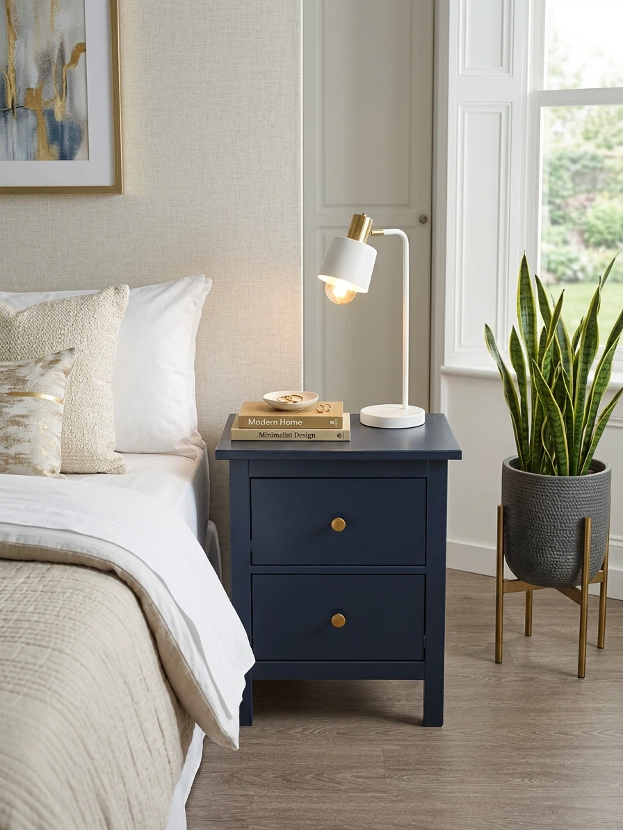 Single Navy Blue Two-Drawer Nightstand